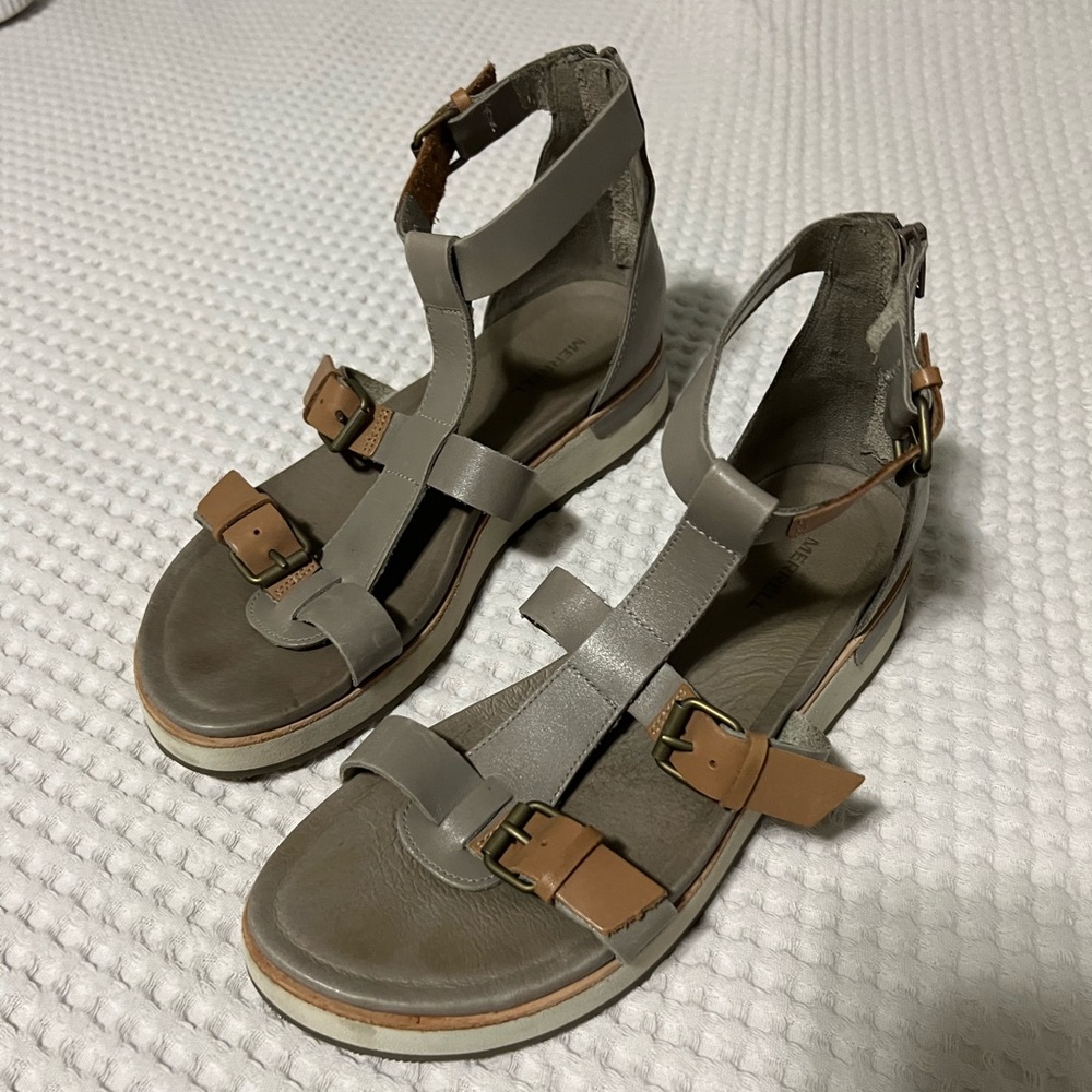 Gray and tan leather sandal